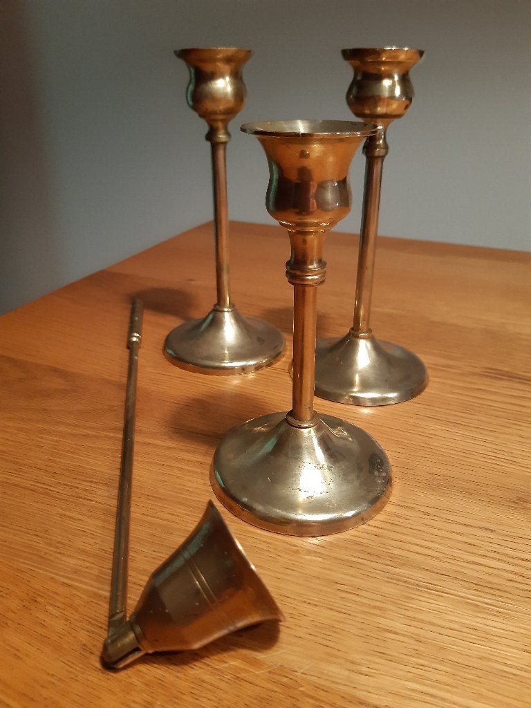 3 koperen vintage kandelaars met kaarsendover,  Klassiek, Antiek en Kunst, Ophalen of Verzenden, Koper of Brons