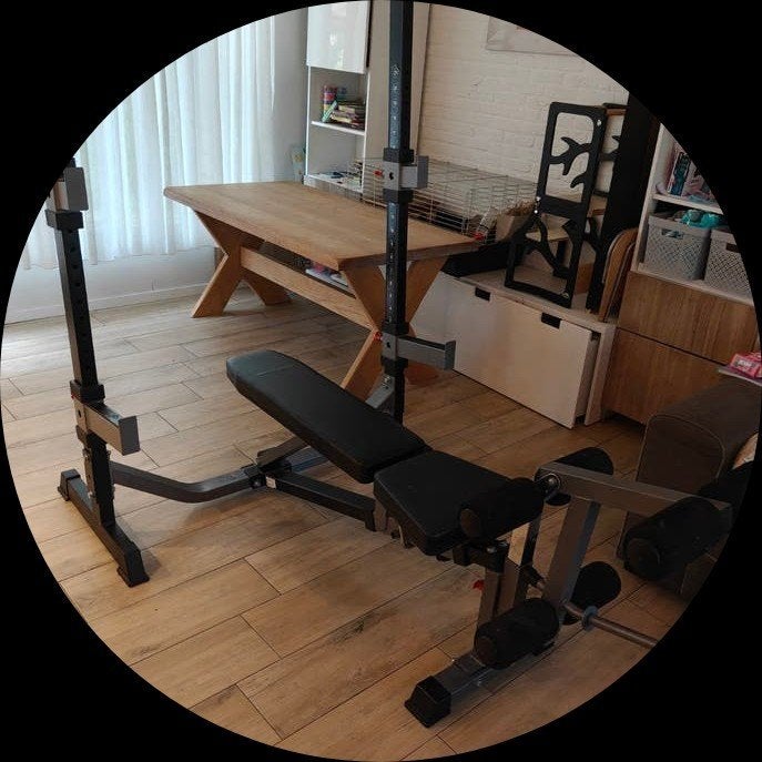 Olympische halterset 120 kg met fitnessbank en squatrack, Ophalen, Zo goed als nieuw, Fitnessbank