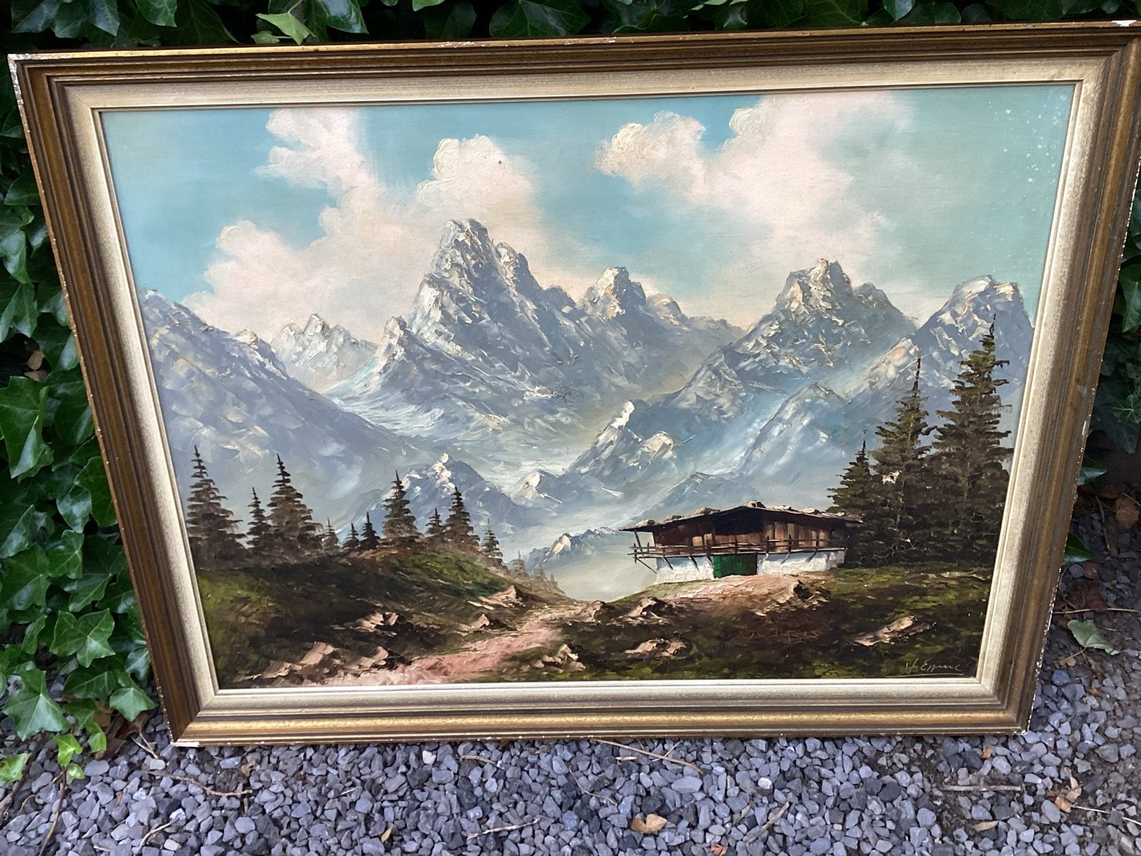 Schilderij Berglandschap met hut, gesigneerd H.Epinc, Antiek en Kunst, Kunst | Schilderijen | Klassiek, Ophalen