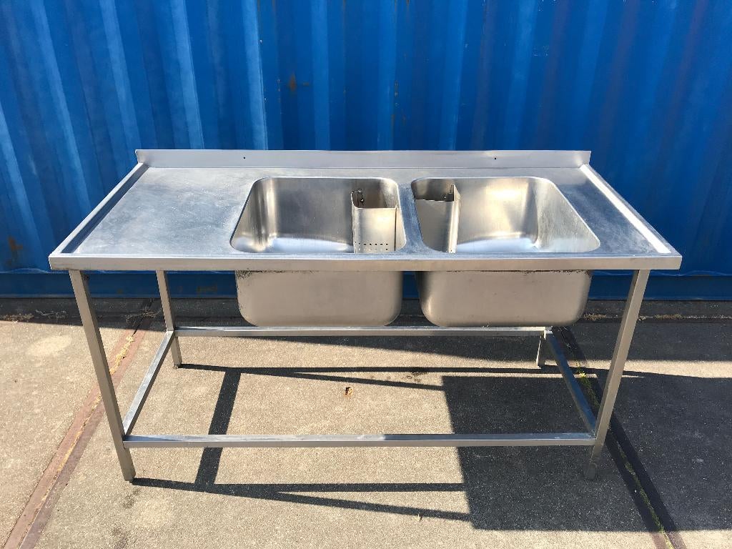 Grote RVS dubbele spoelbak werktafel met grote diepe wasbak, Ophalen, Gebruikt, Rvs, Wastafel
