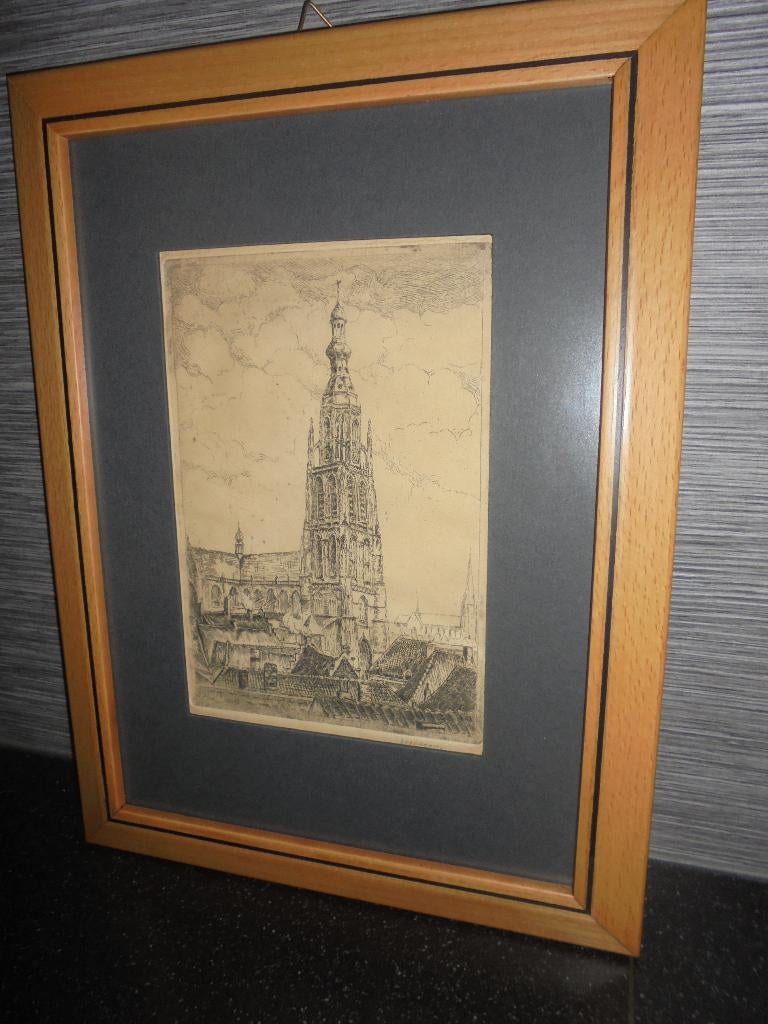 Breda Ets Grote kerk, Antiek en Kunst, Ets, Stadsgezicht, Ophalen of Verzenden, Gesigneerd