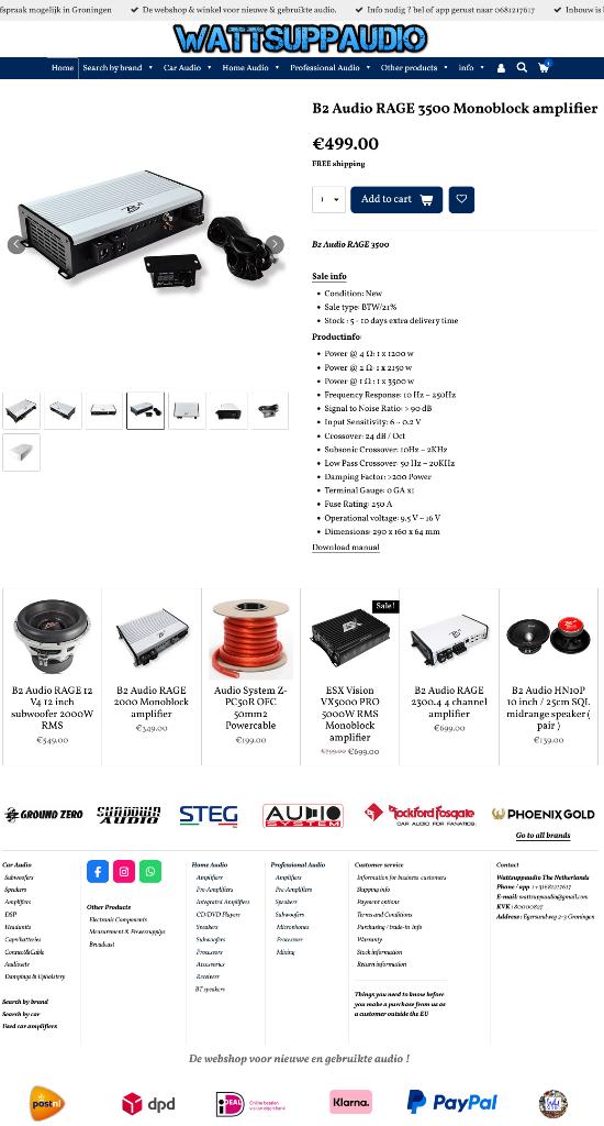 B2 Audio RAGE 3500 Monoblok versterker 3500W RMS, ., Nieuw, Ophalen of Verzenden, Plantevej 35, 2870 Dyssegaard, Denmark