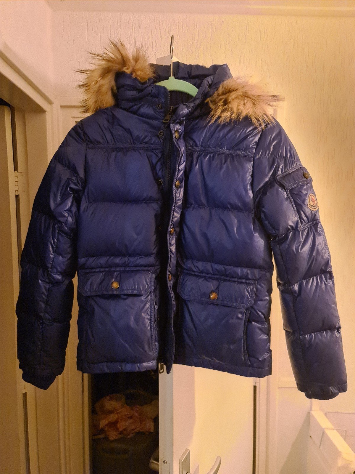 Orginele Moncler puffer blauw kinderjas maat 140 10jaar, Moncler, Jongen of Meisje, Ophalen of Verzenden, Zo goed als nieuw