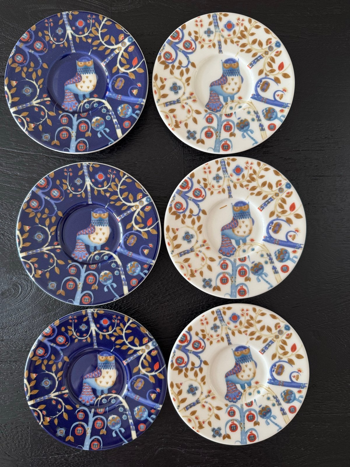 Iittala schoteltjes 11 cm  met uil design, 3 blauw, 3 wit, Keramiek, Nieuw, Iittala, Overige stijlen