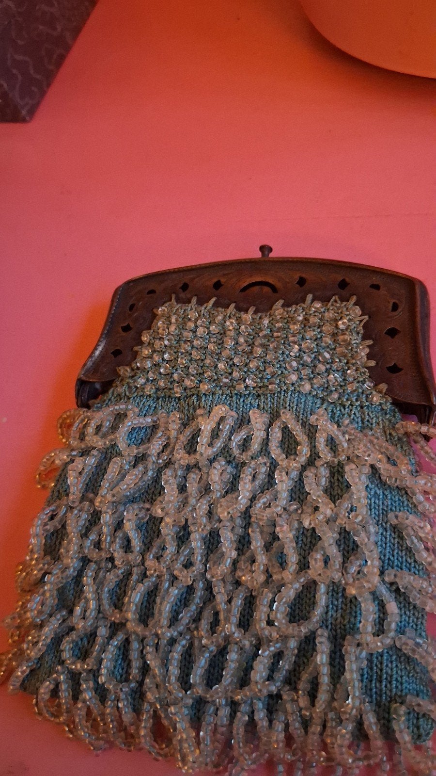 Antieke kralen handtas met portemonnee, Sieraden, Tassen en Uiterlijk, Portemonnees, Overige merken, Gebruikt, Blauw, Ophalen of Verzenden