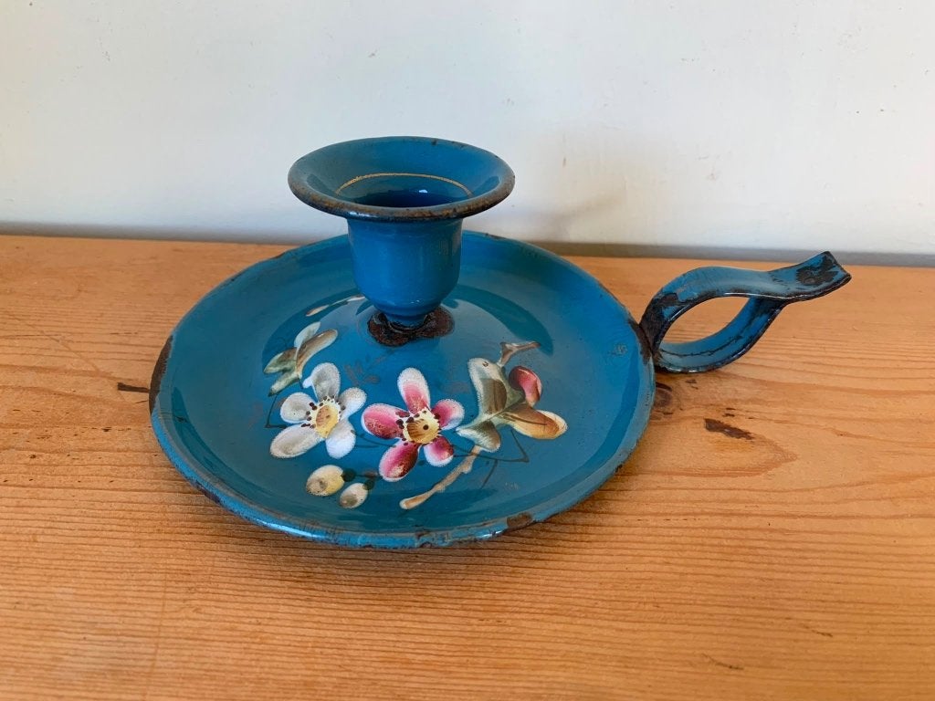 Blauw Emaille blaker met dik opgelegde bloemen, Ophalen of Verzenden