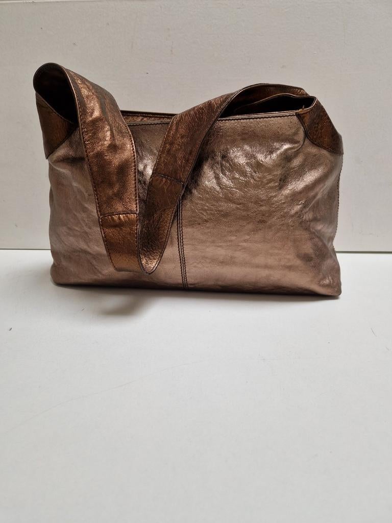Prachtige leren schoudertas in goud / brons, Made in Italy, Sieraden, Tassen en Uiterlijk, Tassen | Schoudertassen, Gebruikt, Overige merken