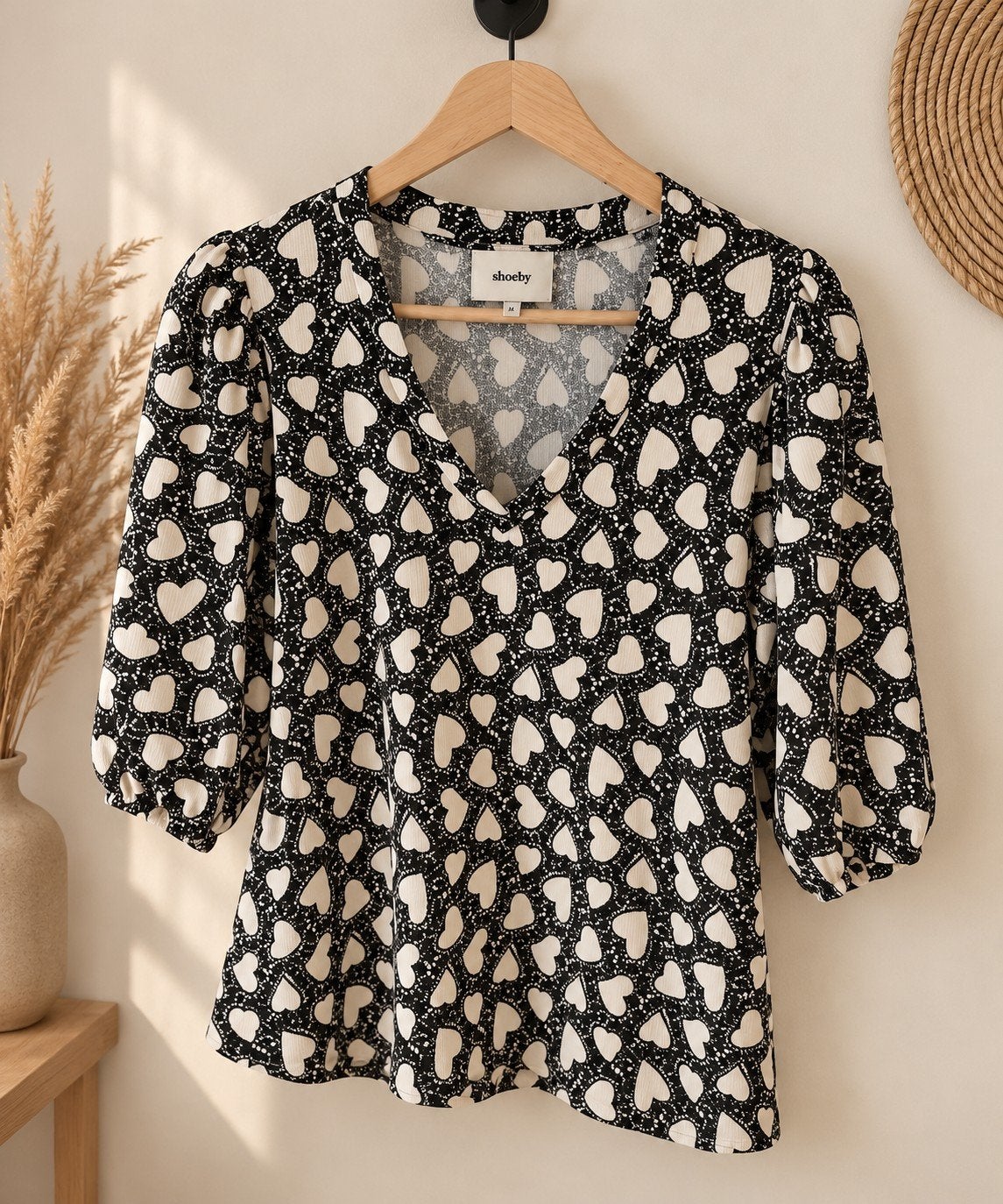 Shoeby blouse met hartjesprint - Maat M, Maat 38/40 (M), Zwart, Ophalen of Verzenden, Zo goed als nieuw