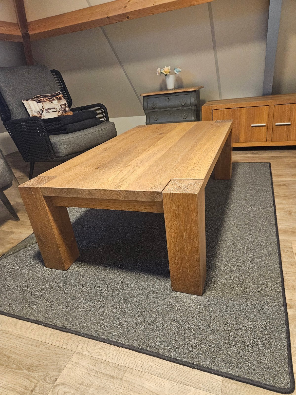 Massief eiken salontafel, Ophalen, Gebruikt, 100 tot 150 cm, Eikenhout