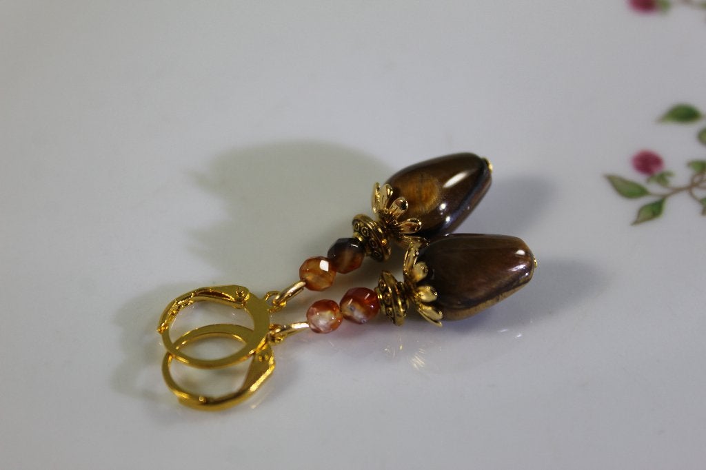 Tijgeroog oorbellen , sieraden met bruine natuursteen, Overige materialen, Hangers, Bruin, Nieuw