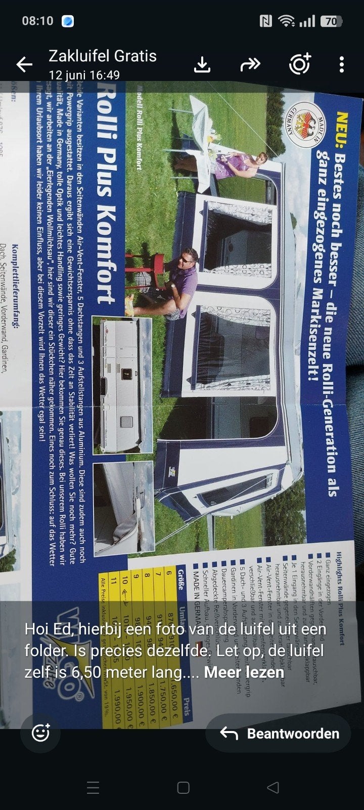 Rolli Plus Komfort Zakluifel - 6,50m lang, Caravans en Kamperen, Ophalen