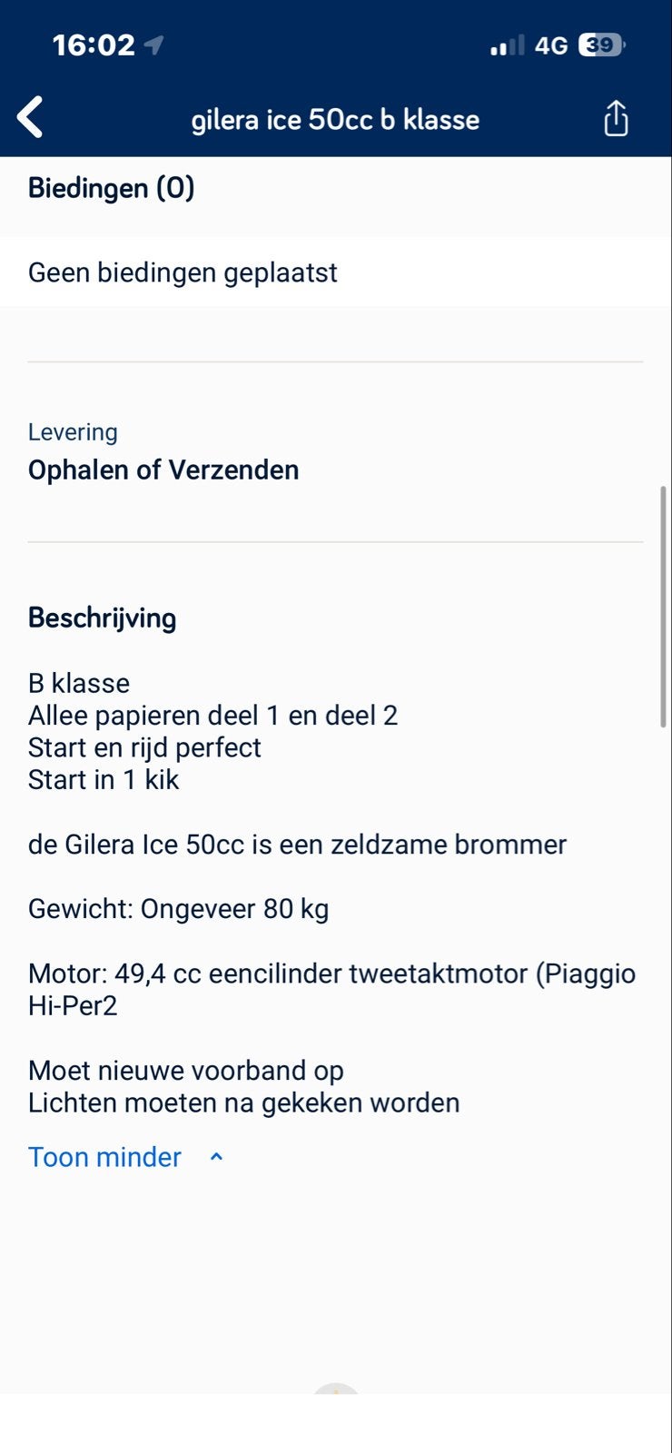 Gilera Ice 50cc B-klasse, Ophalen of Verzenden, Gebruikt, Tweetakt, Gilera