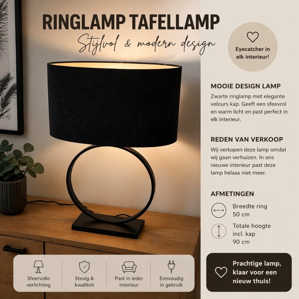 Stijlvolle en moderne ring tafellamp met velours kap, Ophalen, Zo goed als nieuw, Stof, Minder dan 100 cm