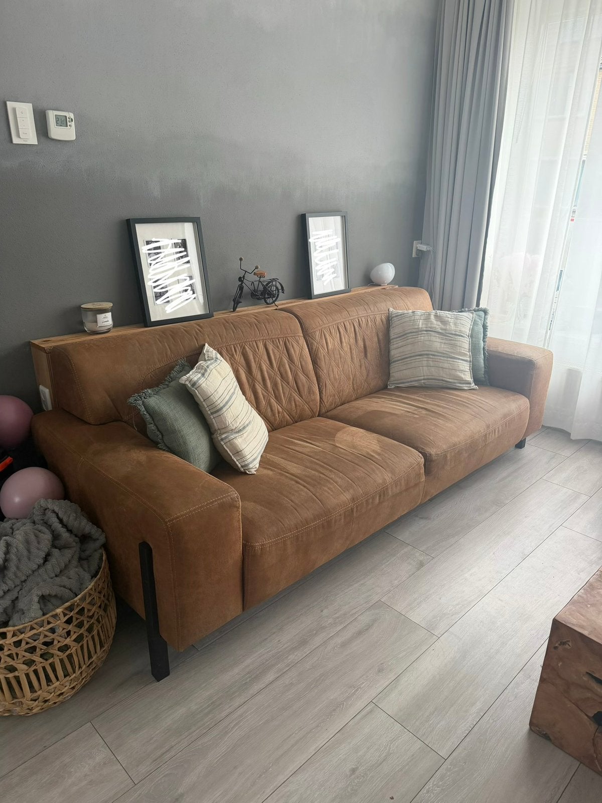 Driezitsbank van Dakota leer in cognac kleur., Huis en Inrichting, Ophalen, Gebruikt, Leer