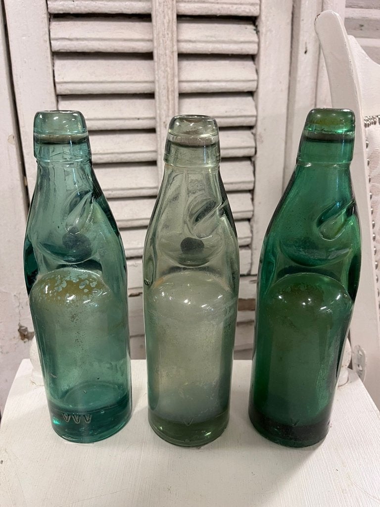 2x Brocante glazen knikkerflesjes - kogelflesje, Ophalen, Groen, ---, ---