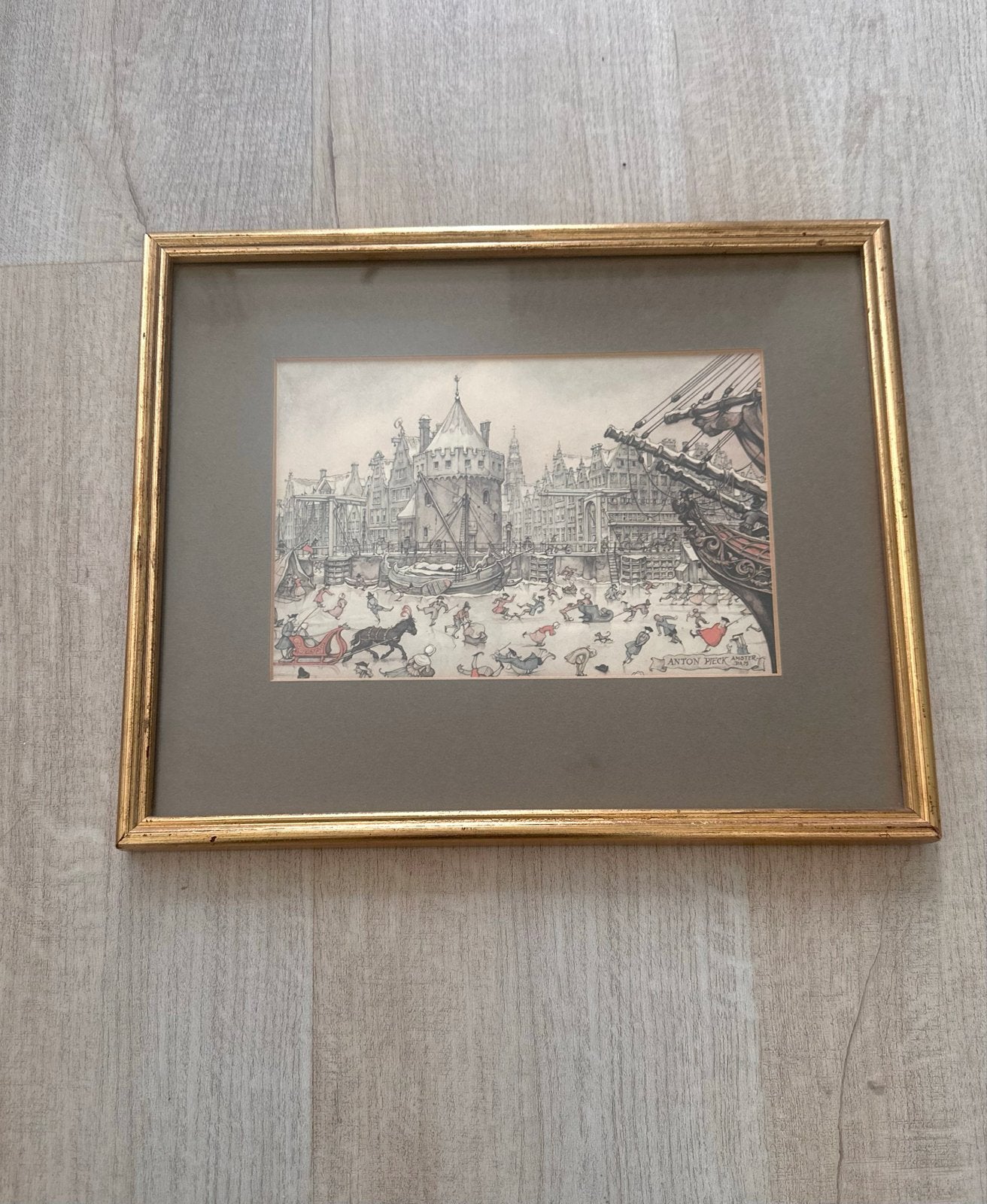 Anton Pieck Prent 'Amsterdam' in Gouden Lijst, Ophalen of Verzenden