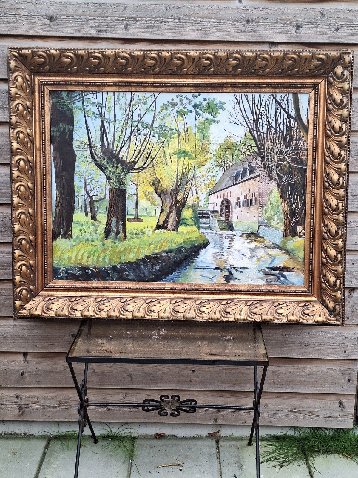 Olieverfschilderij watermolen met lijst, Antiek en Kunst, Ophalen of Verzenden