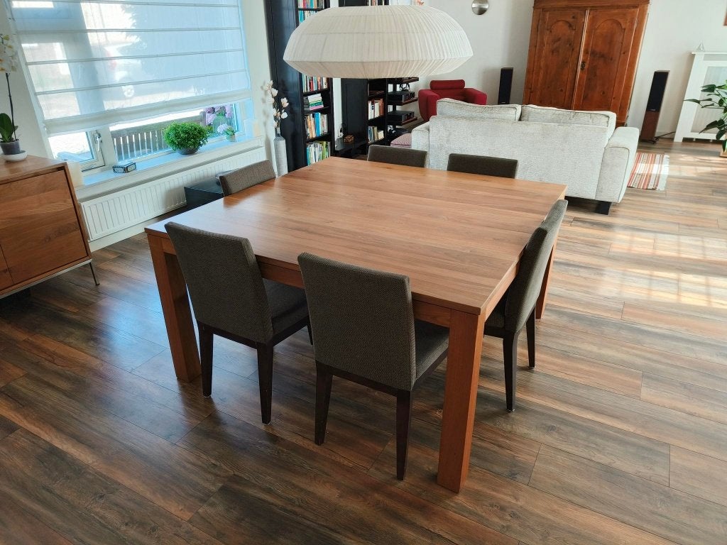 Teak tafel 150 x 150 cm, Ophalen, Zo goed als nieuw, Vijf personen of meer, 100 tot 150 cm