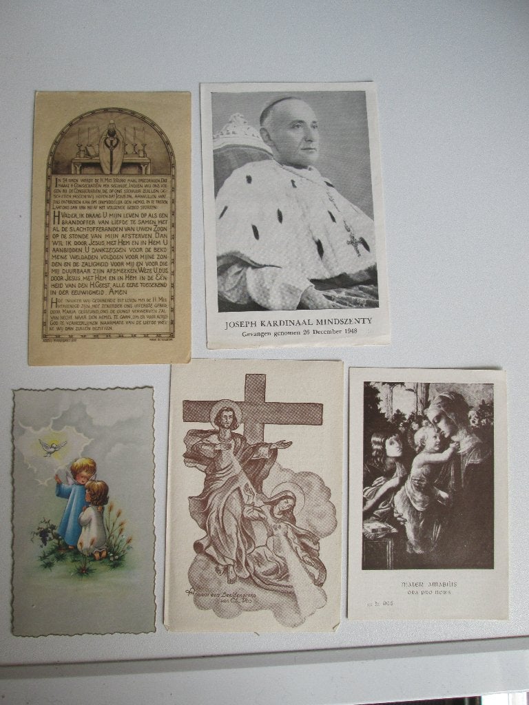5 bidprentje communie mariale jaar kardinaal Mindszenty 1948, Ophalen of Verzenden, Bidprentje
