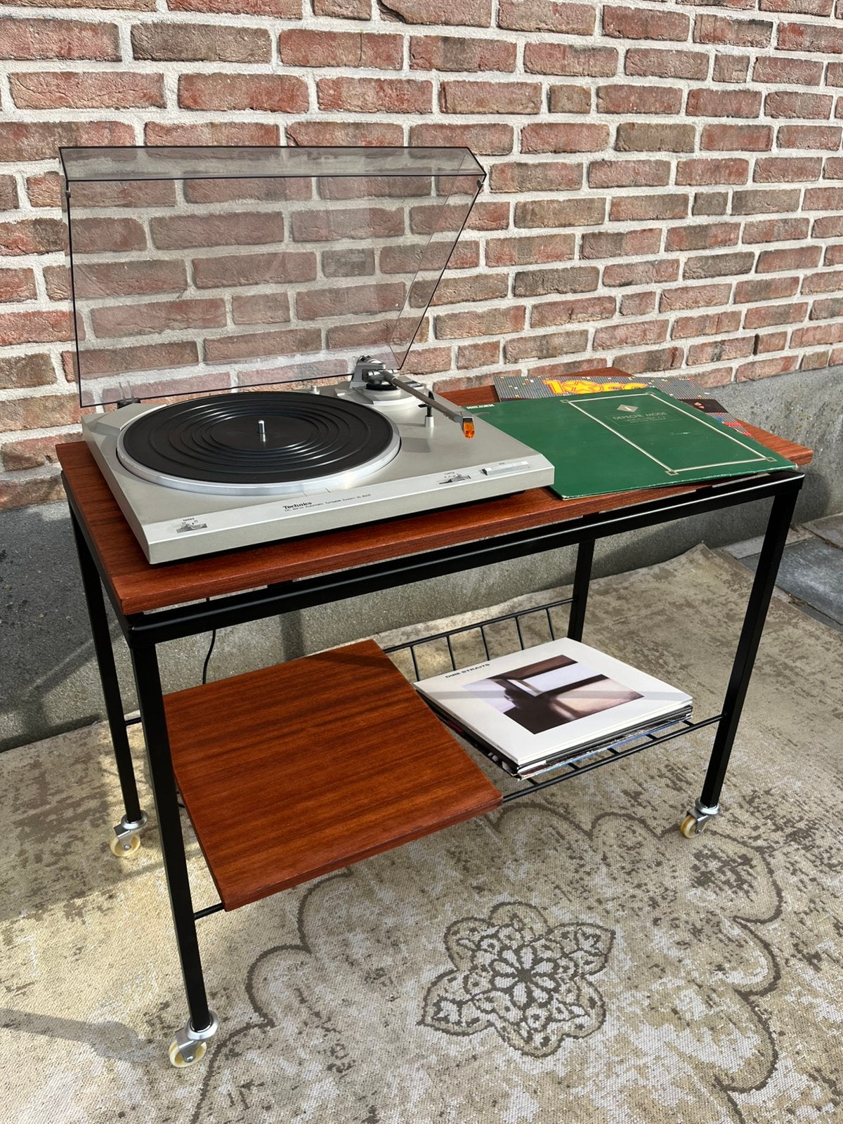 Vintage teak stereomeubel met zwart metalen frame, Ophalen, Gebruikt, Platenspeler, Overige merken