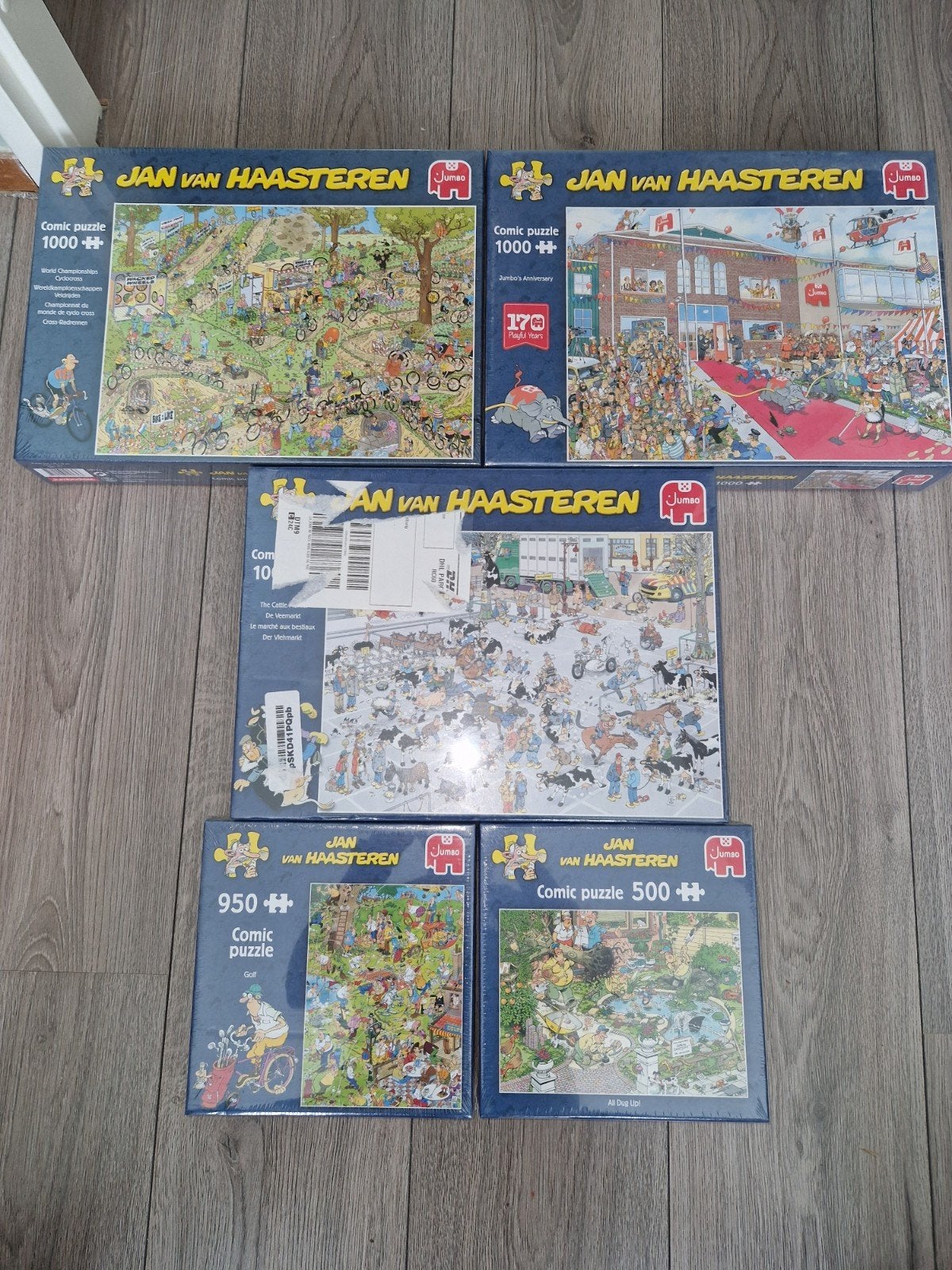 5 GLOEDNIEUWE Jan van Haasteren puzzels, Hobby en Vrije tijd, Ophalen of Verzenden, 500 t/m 1500 stukjes, Nieuw, Legpuzzel