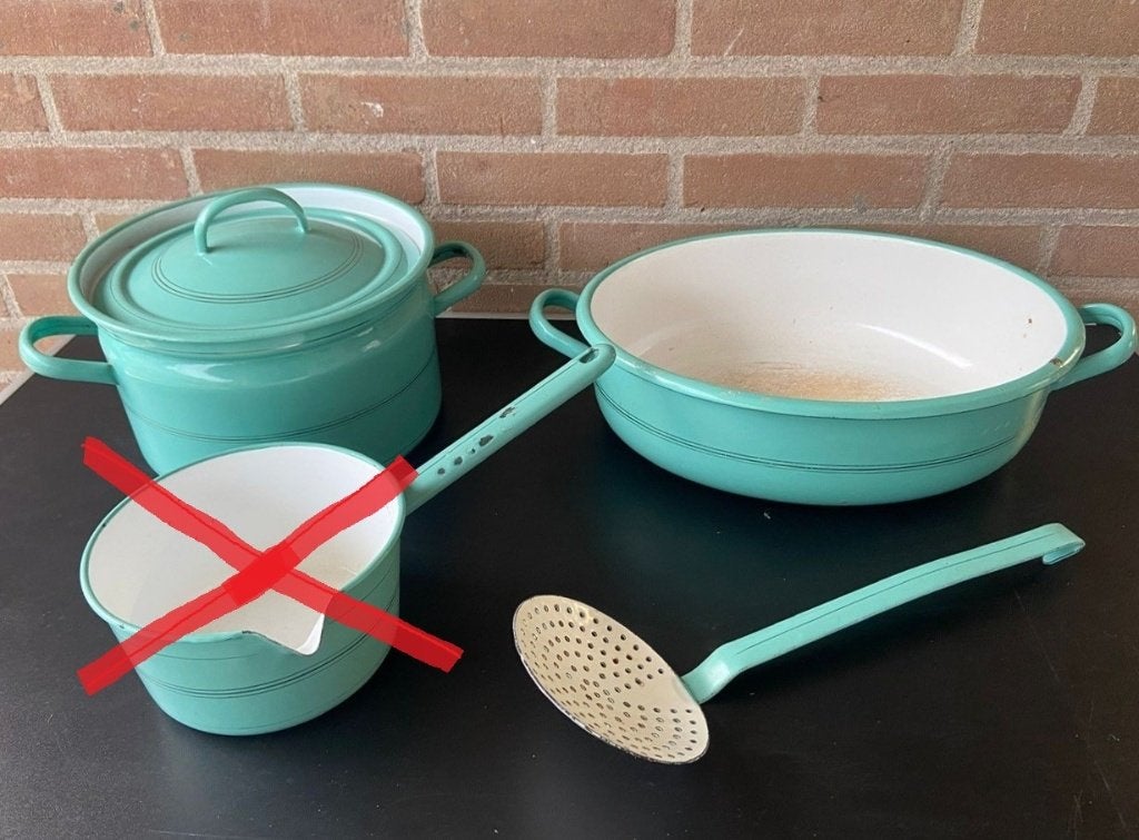 Vintage Emaille Set Pan Spaan Mint Groen, Ophalen
