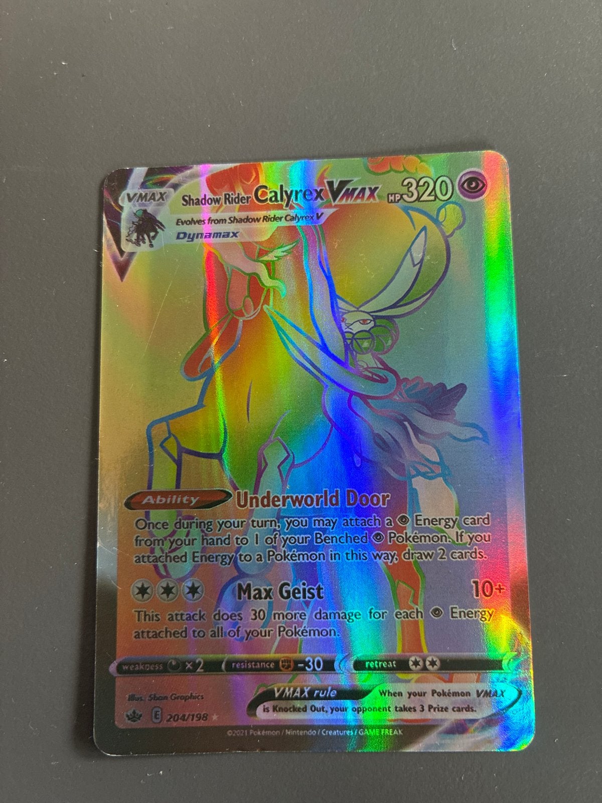 Shadow Rider Calyrex VMAX 204/198 Pokémonkaart Rainbow Rare, Ophalen, Zo goed als nieuw, Losse kaart, Foil