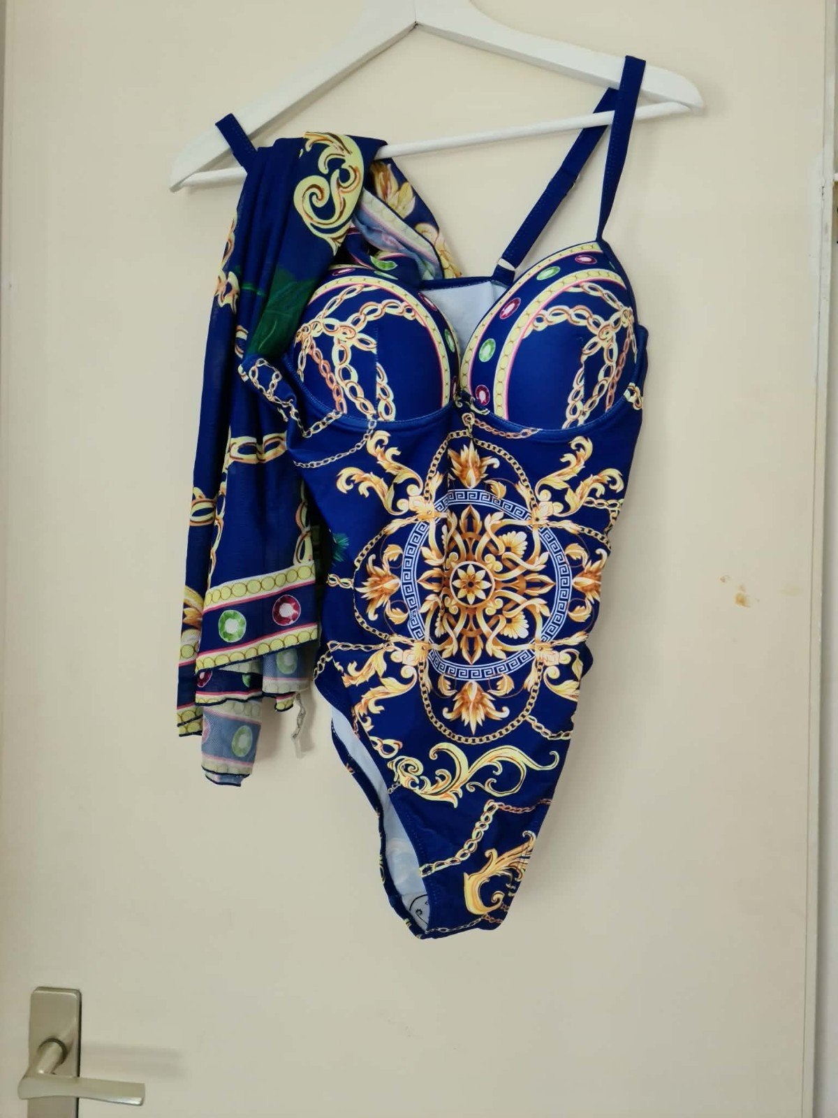 Badpak met barokprint en bijpassende sjaal maat L, Blauw, Nieuw, Badpak, Ophalen of Verzenden