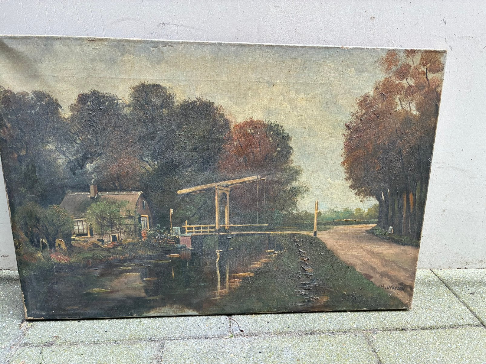 Oud Hollands Landschap Schilderij - Gesigneerd J.H. Deventer, Ophalen of Verzenden