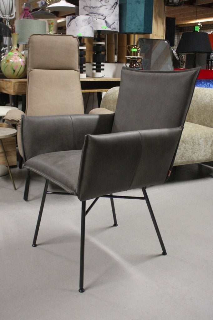 8 luxe eetkamerstoelen Sanne Jess stof leer armleuningen, Ophalen, Bruin, Leer, Zo goed als nieuw