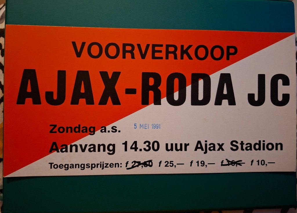 Voorverkoop bordje Ajax- Roda JC  5 mei 1991, Ophalen of Verzenden, Zo goed als nieuw, Ajax, Overige typen