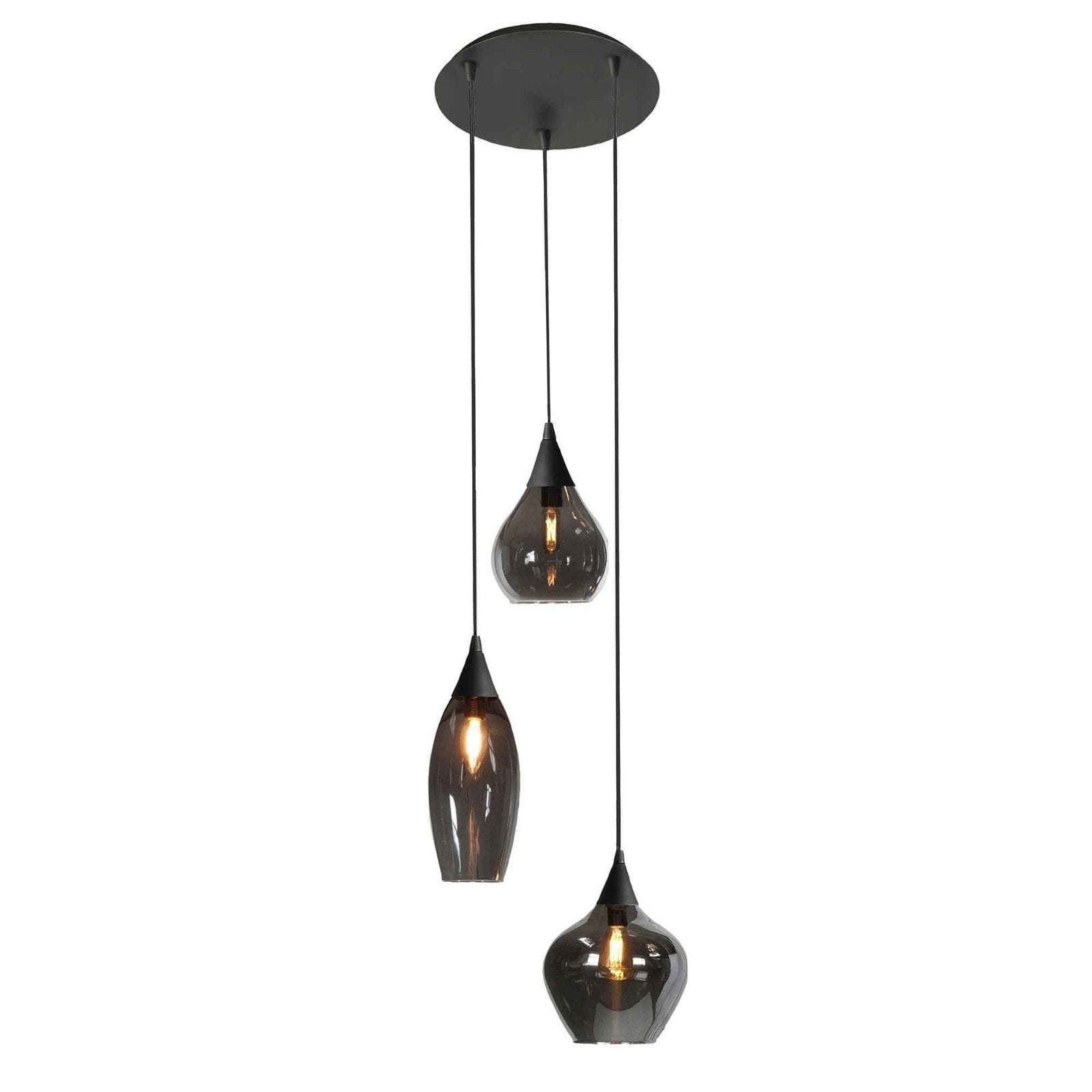 kroonluchter HighLight H5857 Hanglamp met 3 Glazen Kappen, Ophalen, Zo goed als nieuw, Glas, E14 (klein)