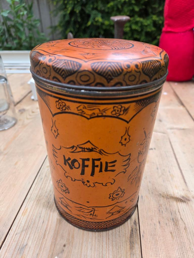 Vintage oranje koffieblik met Oosterse Print, Ophalen of Verzenden