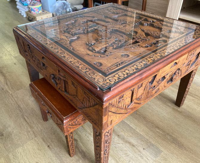 Chinees / Oosterse salontafel (houtsnijwerk), Huis en Inrichting, Tafels | Salontafels, Ophalen, 50 – 75, Gebruikt, 50 tot 100 cm