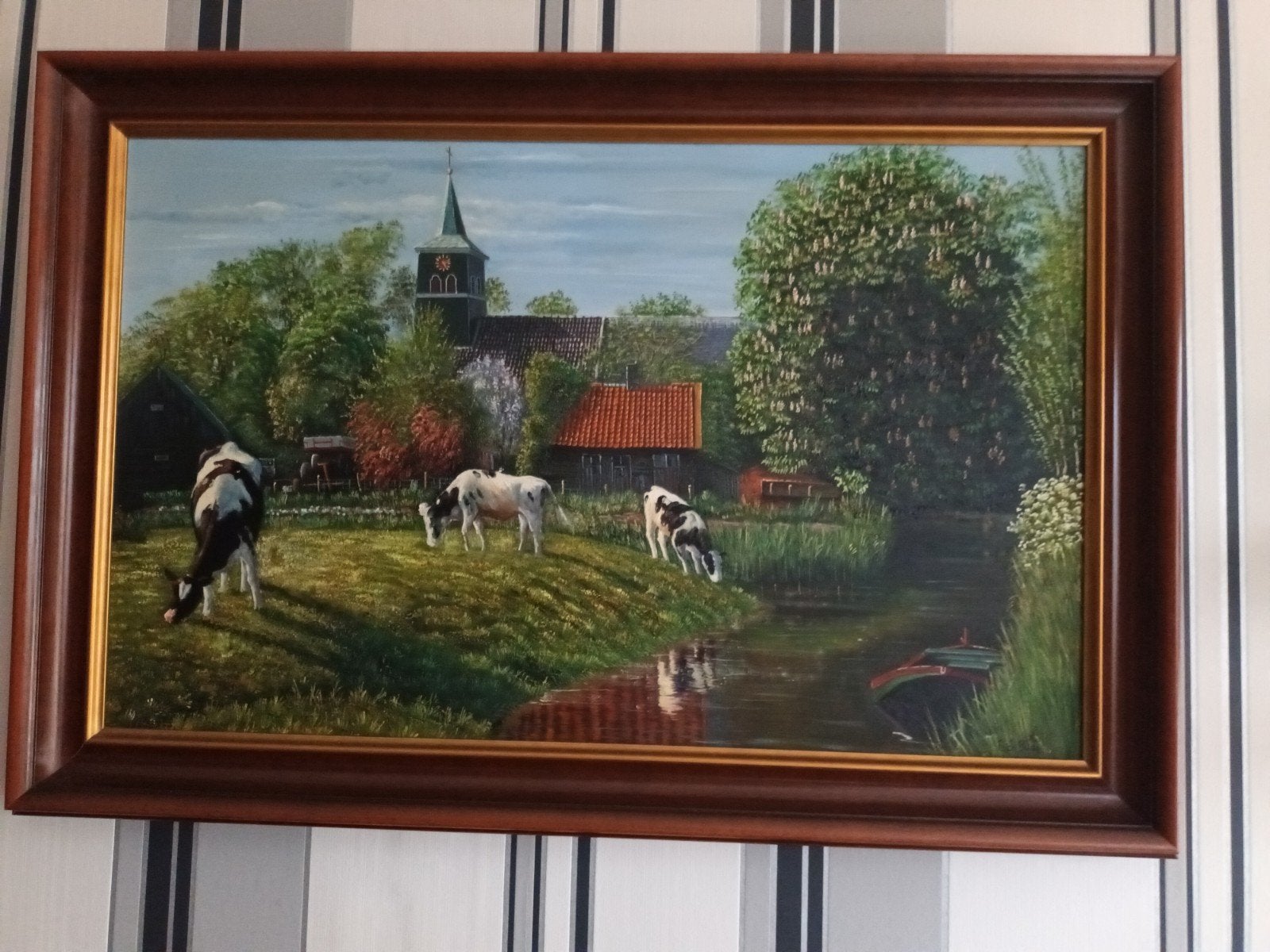 Prachtig Groot Olieverfschilderij - Hollands Polderlandschap, Doek, Realistisch, Ophalen of Verzenden, Landschap