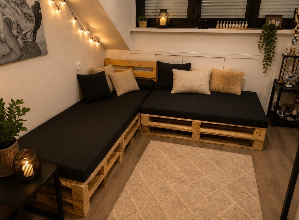 Lounchebank pallets met op maat gemaakte antraciete kussens, Ophalen, Zo goed als nieuw