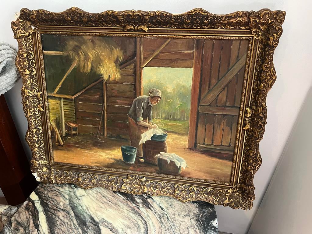 Olieverfschilderij in sierlijst – landelijk tafereel, Ophalen of Verzenden
