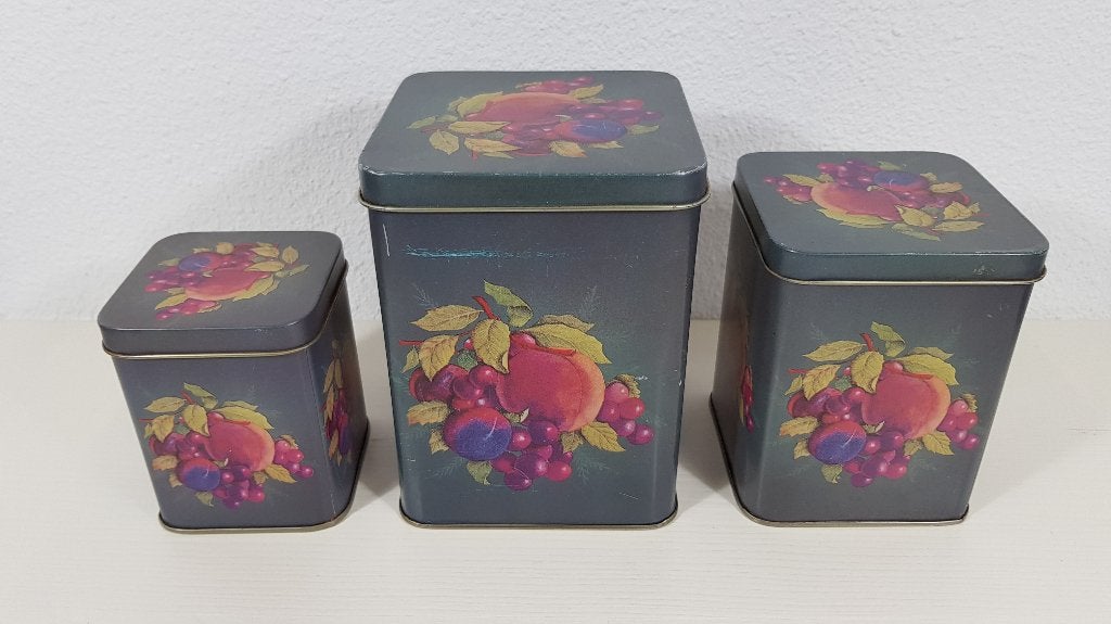 Set van 3 vintage blikken, donkergroen met fruit motief. 6A4, Verzamelen, Blikken, Ophalen of Verzenden, Gebruikt, Koek(jes)