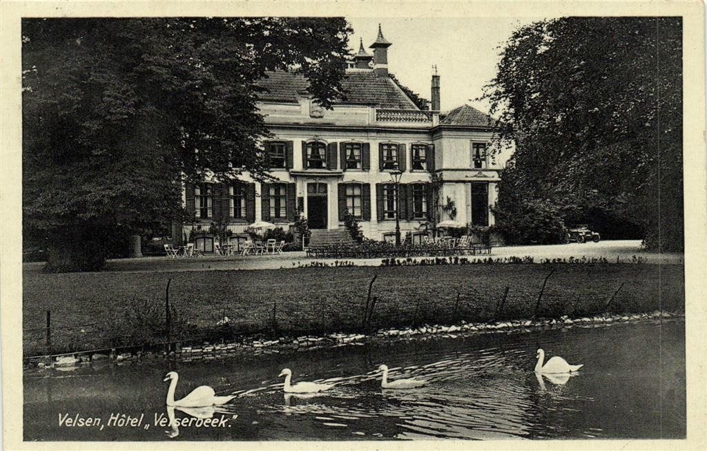 Velsen, Hotel Velserbeek - zwanen - 1938 gelopen, Ophalen of Verzenden, 1920 tot 1940, Gelopen, Noord-Holland