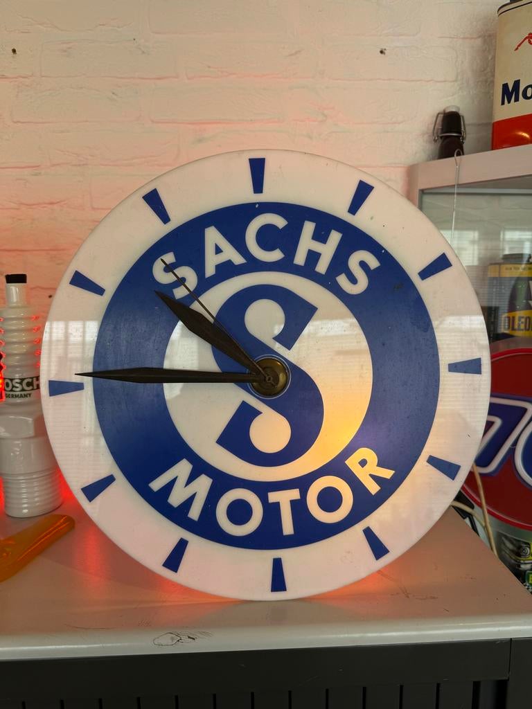 Vintage Sachs Motor Verlichte Klok - Werkplaats Reclame, Verzamelen, Ophalen, Reclamebord, Gebruikt, .
