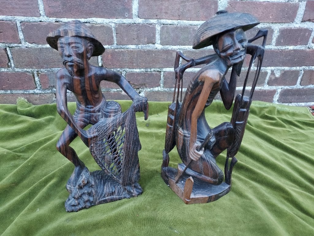 2 Coromandelhouten beelden van Chinese vissers., Antiek en Kunst, Hout, Bruin, Verzenden, China