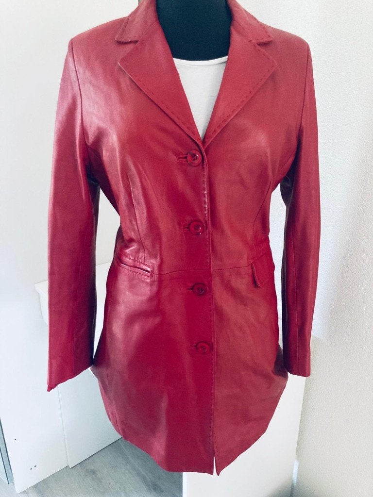 Rode vintage leren driekwart jas dames maat 42 L, Ophalen of Verzenden, Zo goed als nieuw, Maat 42/44 (L), Rood