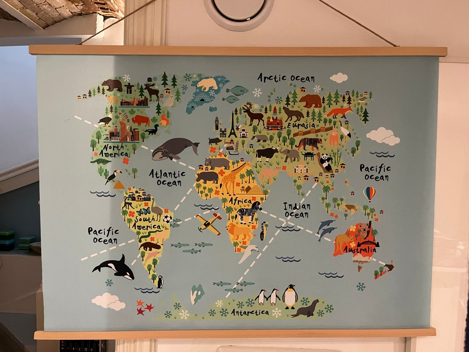 Wereldkaart Canvas - 90x60, Ophalen, Zo goed als nieuw, Ophangbaar, Wanddecoratie