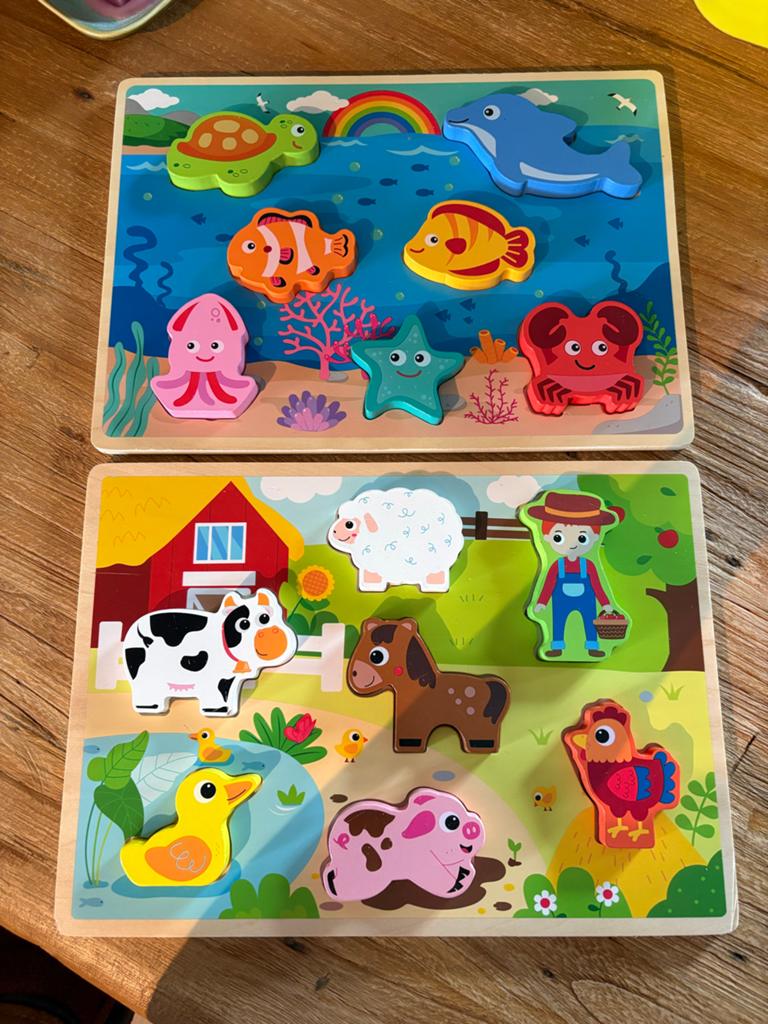 Houten Insteekpuzzels: Boerderij & Zeeleven (2 stuks), Ophalen of Verzenden, Gebruikt, Overige typen