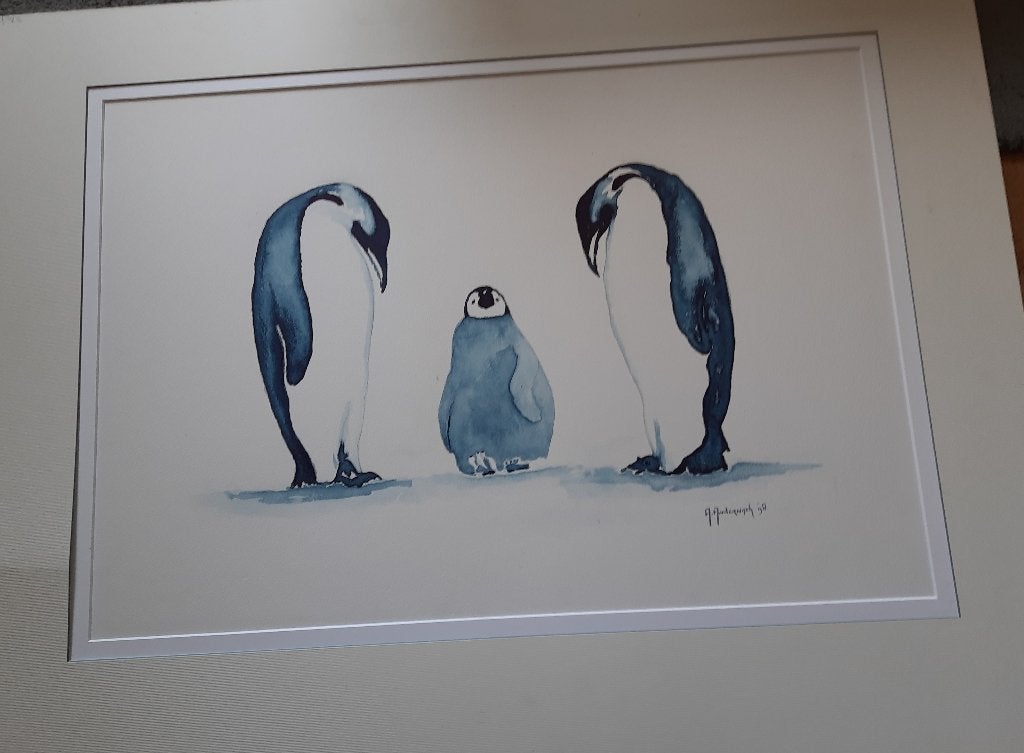 Grote prent van Pinguins voor bv baby/kinderkamer gesigneerd, Ophalen, 1980 tot heden, Zo goed als nieuw, Dier