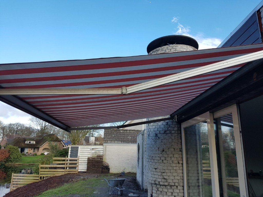 Handbediend knikarm-scherm 3,50m - Rood/Wit gestreept, Ophalen, Gebruikt, 250 cm tot 450 cm, Knikarmscherm
