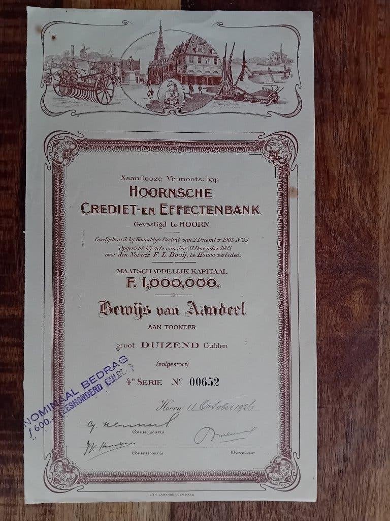 Aandeel Hoornsche Crediet- en Effectenbank - 1926 - Hoorn, Ophalen of Verzenden, 1920 tot 1950, Aandeel