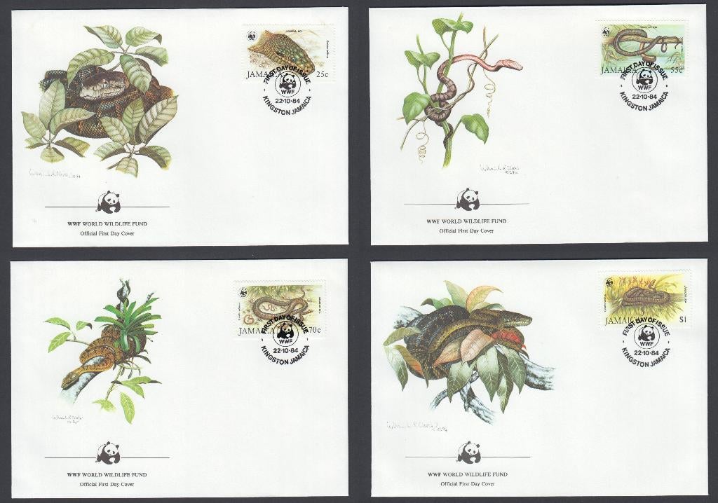 Jamaica 1984 FDC set Mi591-594-I WWF SLANGEN (CW zegels€ 70), Postzegels en Munten, Postzegels | Volle albums en Verzamelingen