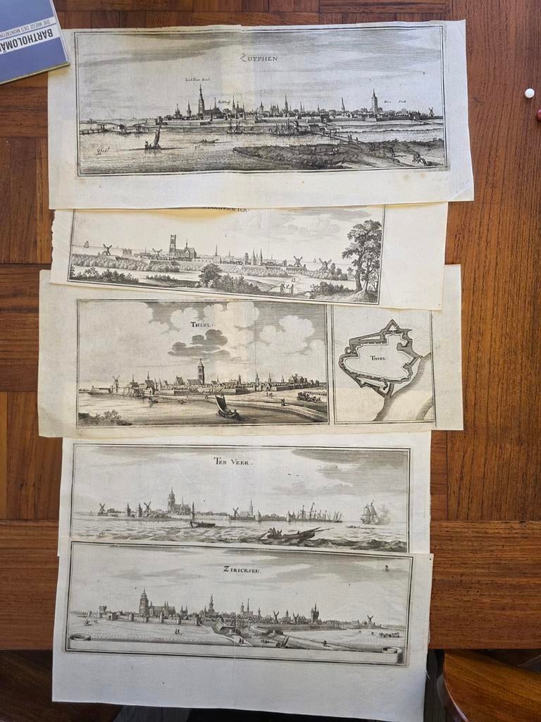 Stadsgezichten  Zutphen, Tiel, Tarderwijk, Veere, Zierikzee, Antiek en Kunst, Ets, Stadsgezicht, Blanco verso, 1600 - 1699