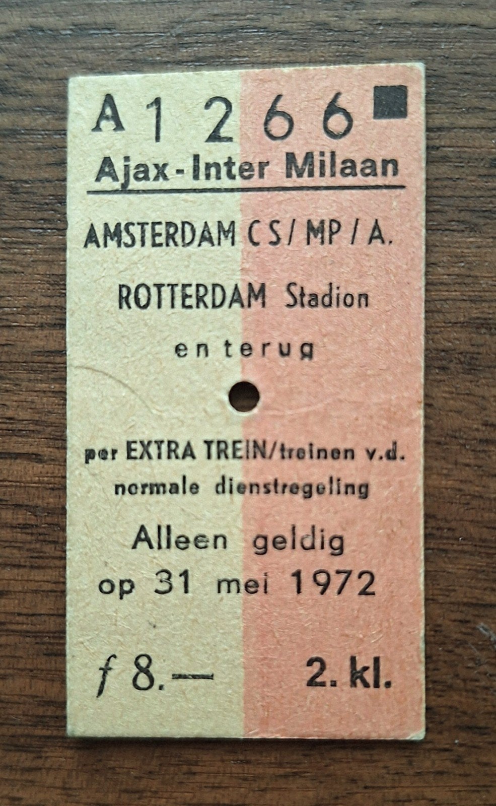 Treinkaartje Europa cup finale Ajax-Inter 1972-, Verzamelen, Ophalen of Verzenden, Gebruikt, Ajax, Poster, Plaatje of Sticker
